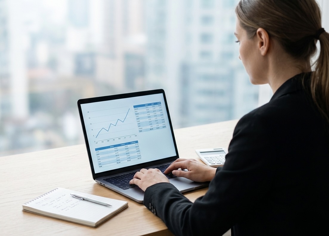Executiva analisa dados de performance e custo de marketing num ecrã holográfico digital, representando a estratégia da Adclick para 2026.