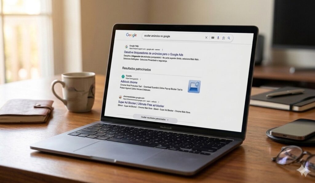 Ecrã de computador com página SERP do Google aberta e botão de ocultar anúncios disponível para os utilizadores
